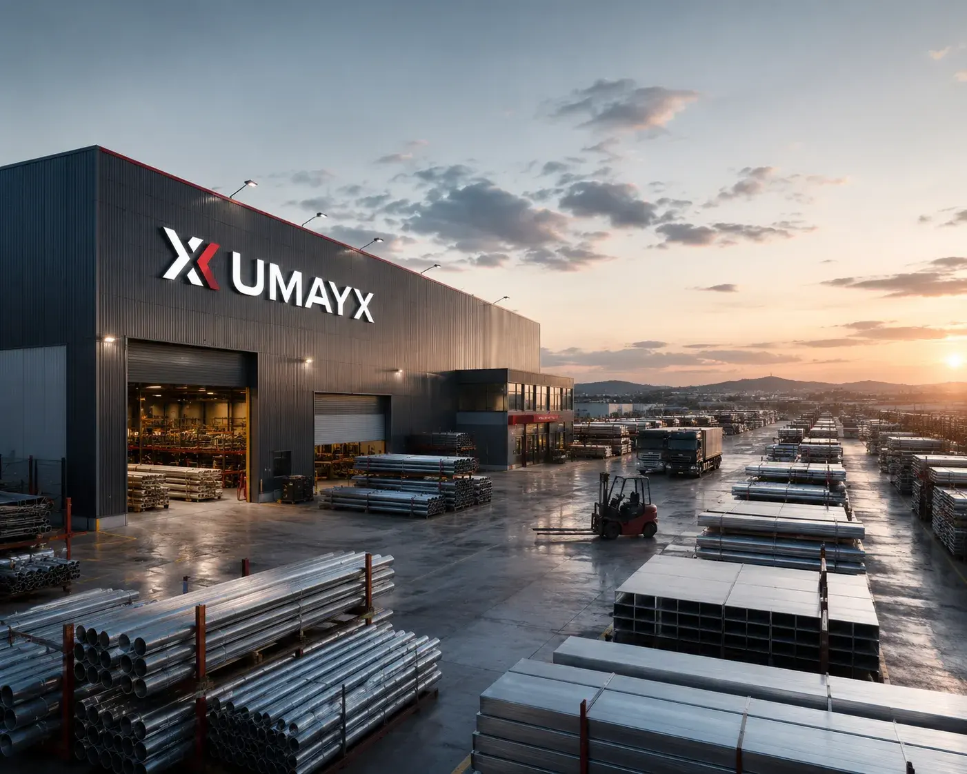UmayX tesisi ve açık stok sahası — galvaniz boru ve profil stoğu